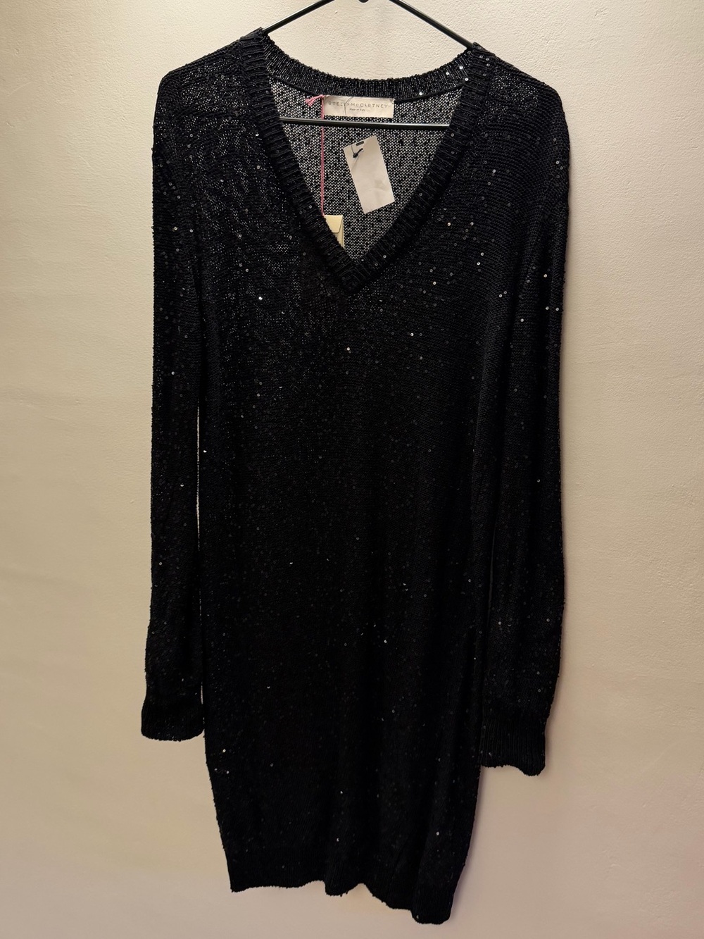Stella McCartney Black Sequin Knit V-Neck Sweater Dress IT 42 NWT